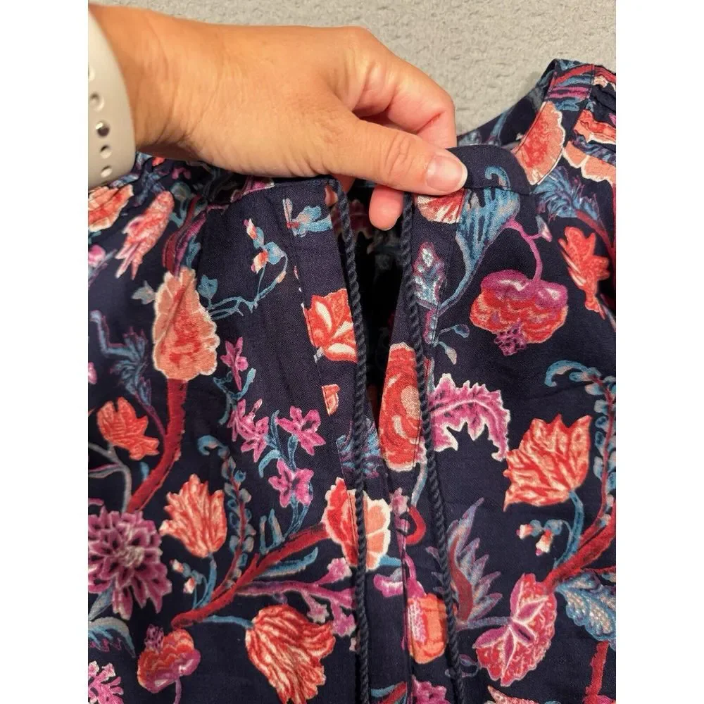 Lucky Brand Womens Blouse XL Dark Blue Red Pink Floral Long Sleeve Tie‎ Front - Picture 9 of 12
